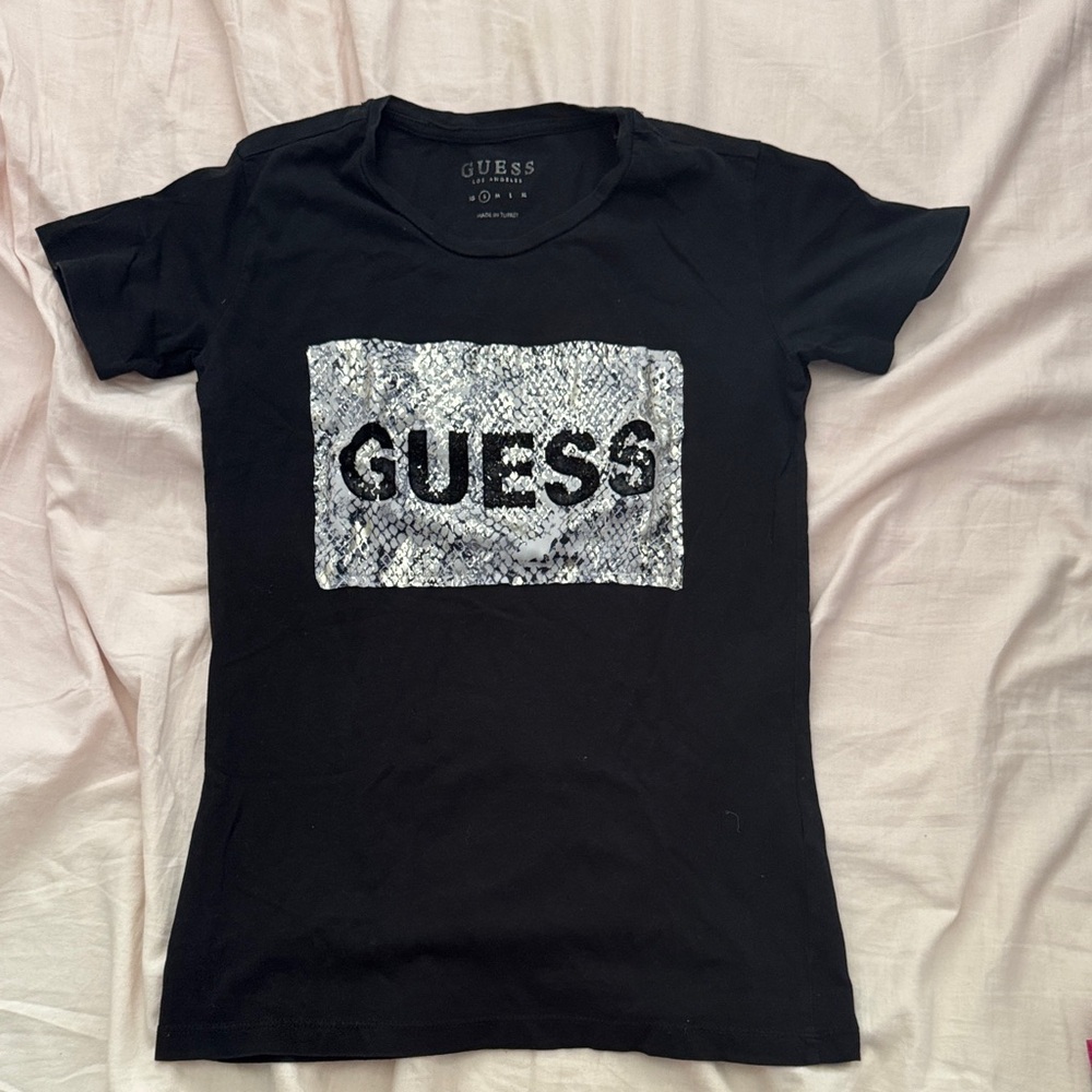 GUESS Women's Black Tee with Silver Sequin Logo